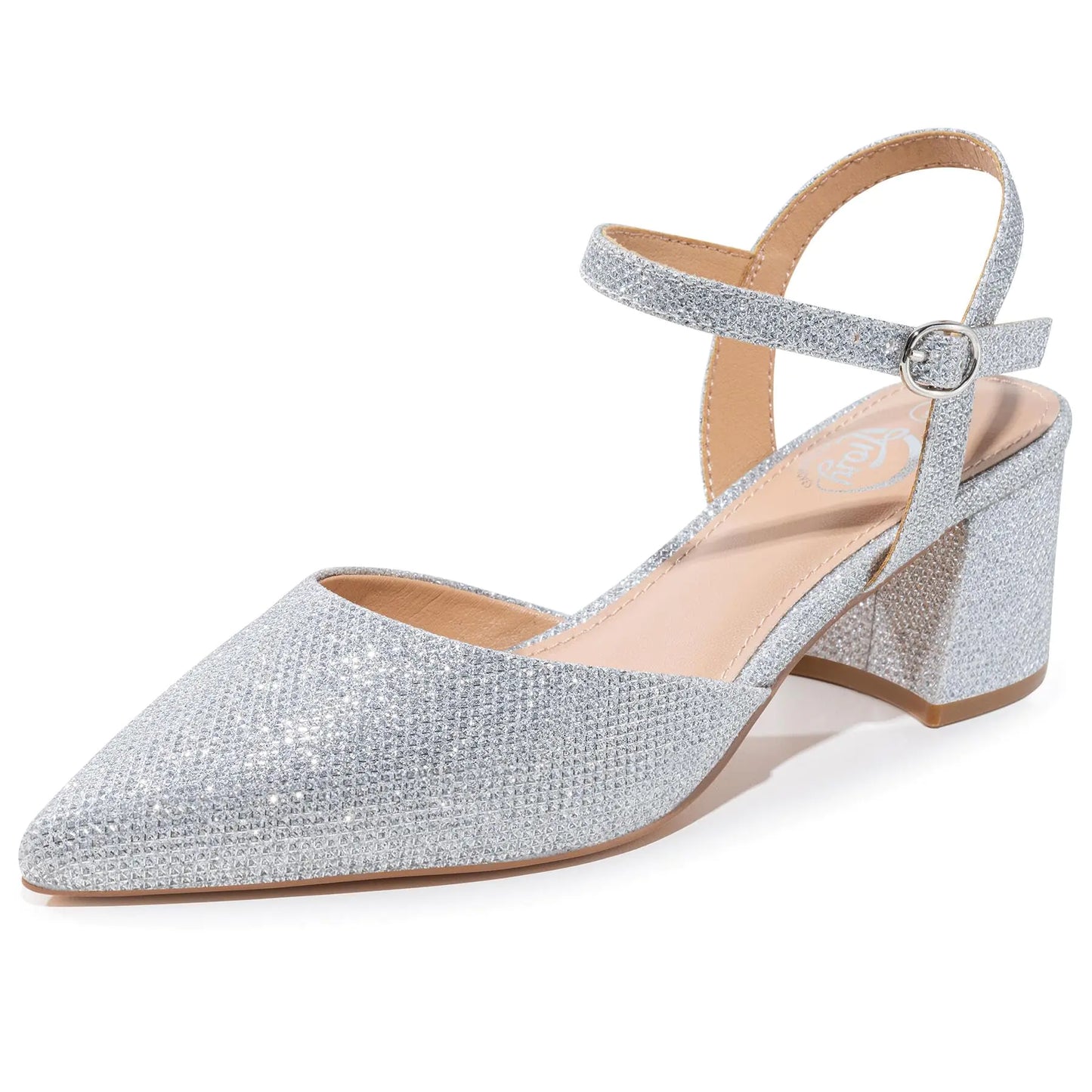 Silver Glitter Heels for Women. Wedding Sparkly Block Chunky Heels, Sexy Ankle Strap Party Dress Pumps Shoes