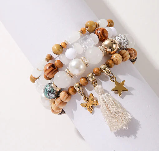 Ethnic Wooden Bead Tassel Bracelet Set
