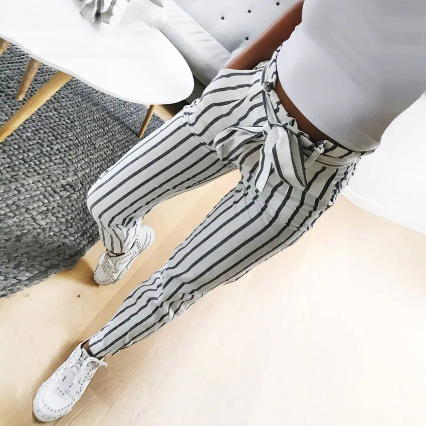 Fashionable Striped Casual Pants with Ties for Women