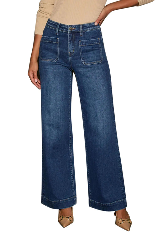 Wide Leg High Waisted Jeans. Stretch Straight Leg Loose Denim Flare Pants for Women Dark Blue Size 4