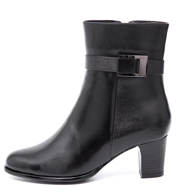 Women's Mid-Calf Leather Boots with Zipper and Heels