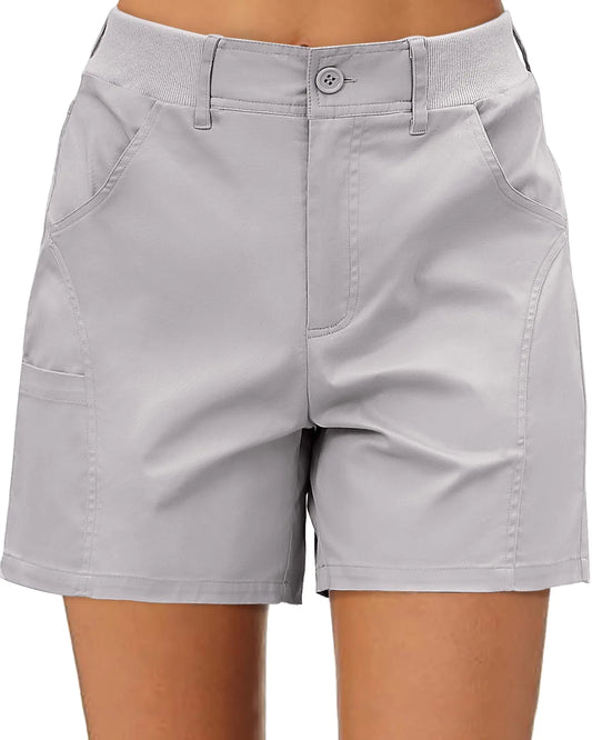 Shorts for Women. Trendy Casual Summer High Waisted Chino Shorts, Ribbed Elastic Waist Comfy Shorts With Pockets