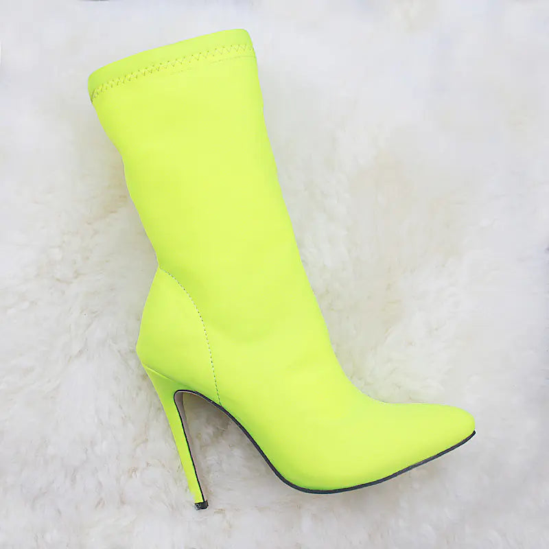 Candy Color Pointed Toe Elastic High Heels Booties