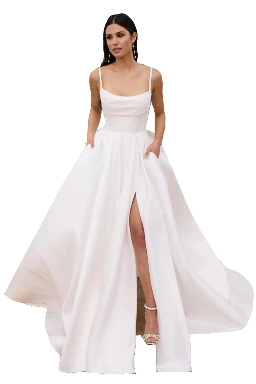 Simple Spaghetti Straps A-line Wedding Dresses. Lace Bodice Satin Bridal Gowns for Women, Water Dress
