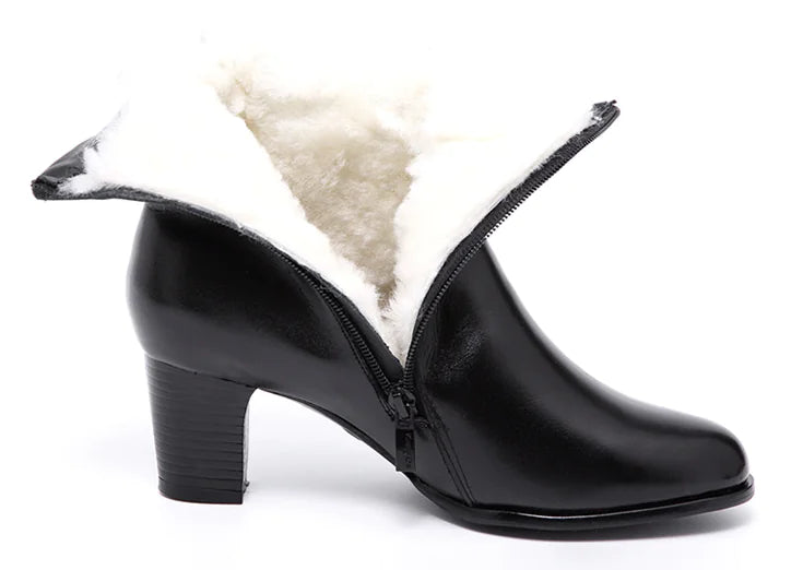Women's Mid-Calf Leather Boots with Zipper and Heels