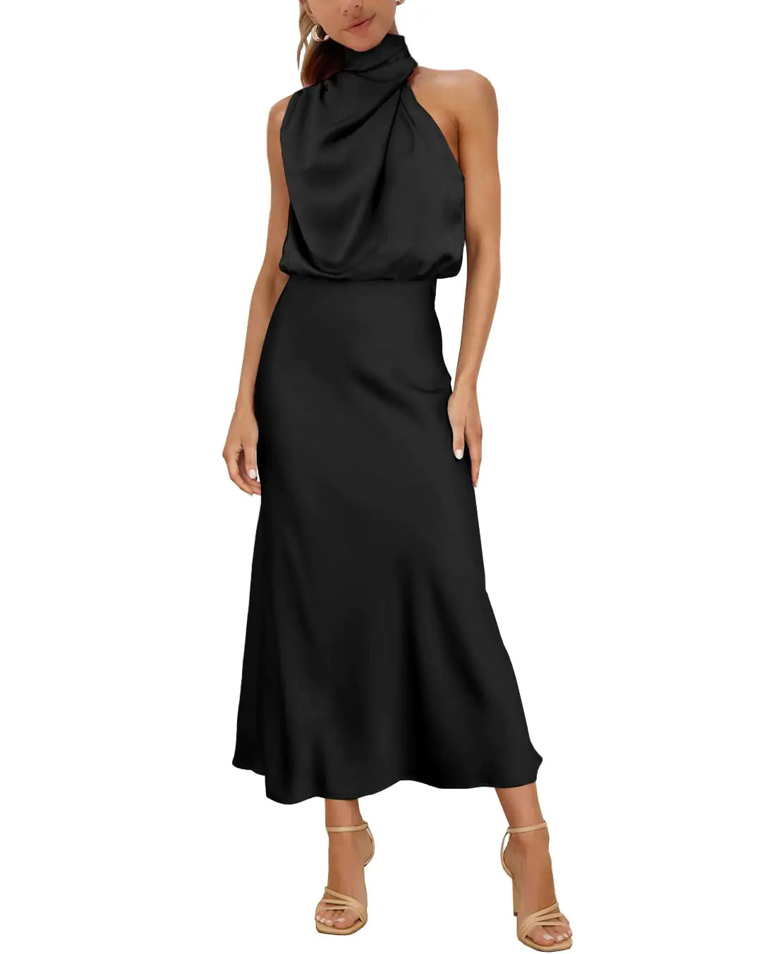 Black Sleeveless Mock Neck Satin Dresses. Elastic High Waist Evening Cocktail Party Dress, Elegant Formal Maxi Dress for Women