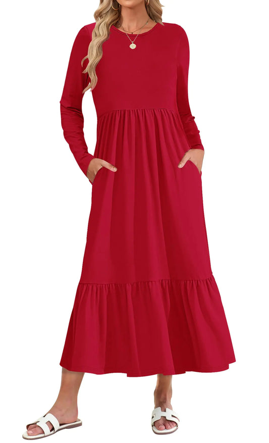 Long Sleeve Maxi Dress. Womens Fall Casual Crewneck Flowy Tiered Dress with Pockets.
