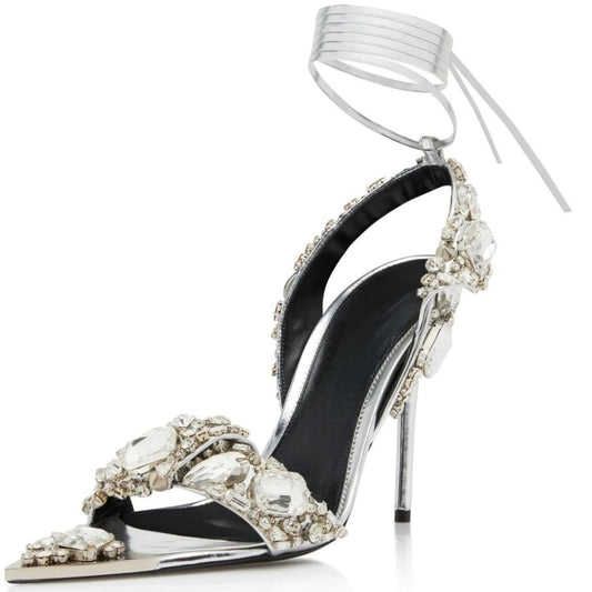 Sparkly Big Rhinestone Stilletos. Glitter Diamond Pointed Open Toe Heels, Lace Up Strappy Backless Pumps. Sexy Summer Party women Shoes