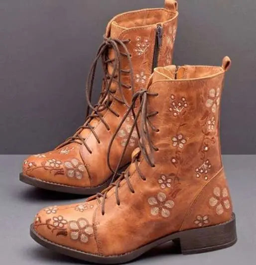 Comfortable Embroidered Mid-Heel Ankle Boots for Women