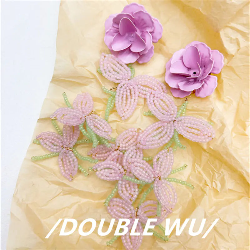 Handmade Beaded Flower Tassel Earrings for Women