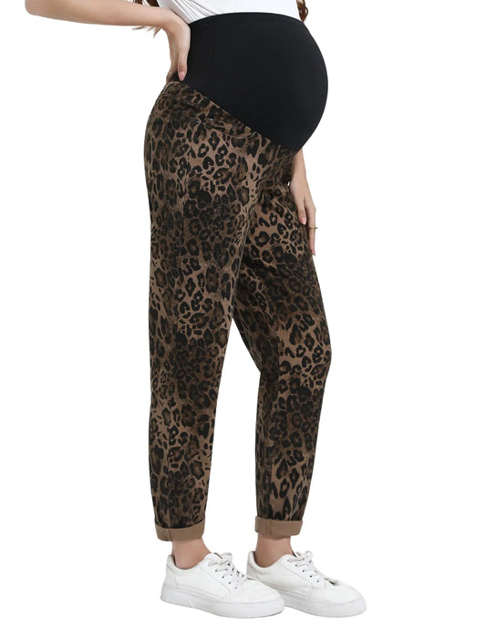 Womens Maternity Jeans. Leopard Print Boyfriend pants, Trendy Over Belly Stretch Denim Pregnancy Pants