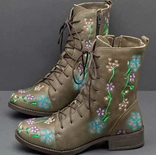 Comfortable Embroidered Mid-Heel Ankle Boots for Women