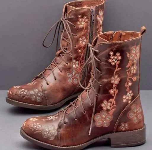 Comfortable Embroidered Mid-Heel Ankle Boots for Women