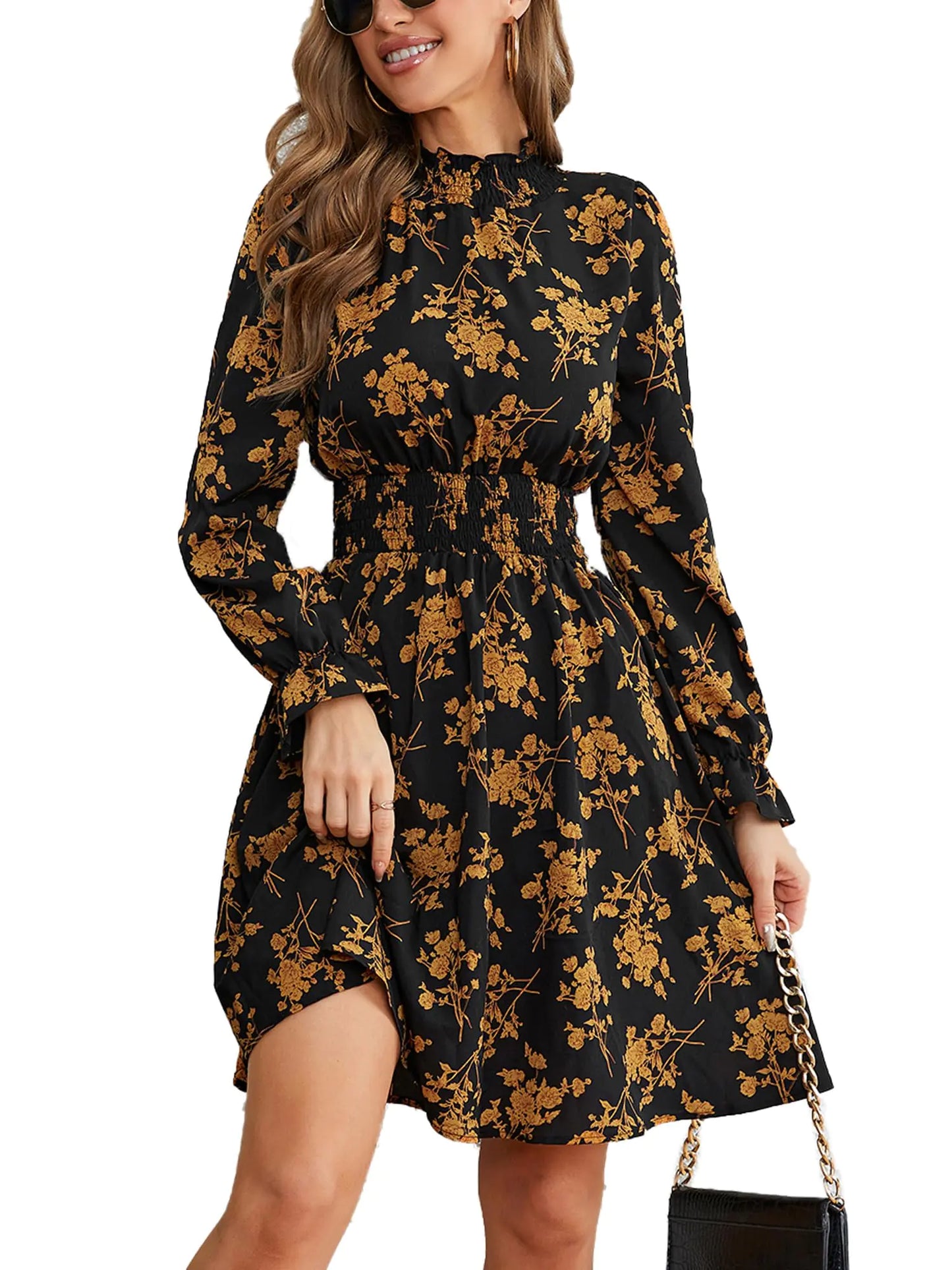 A Line High Neck Long Sleeve Party Dress. Floral Smocked Thanksgiving Dress, Caramel color