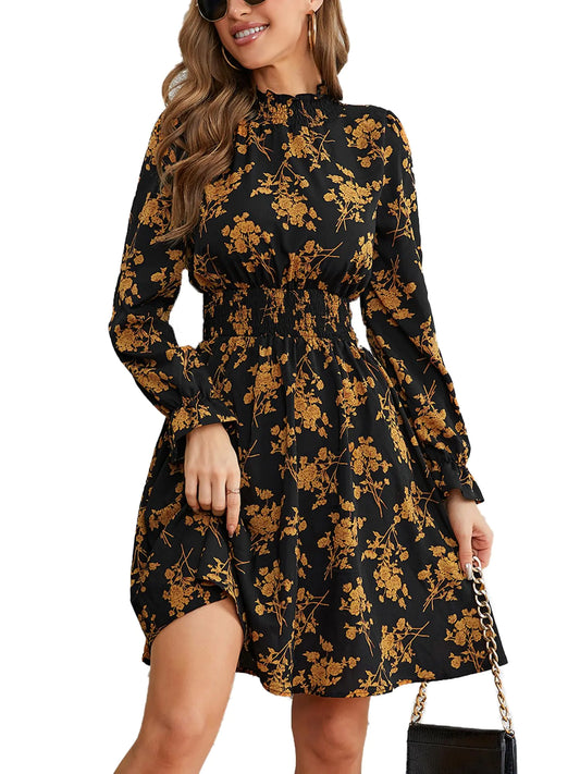 A Line High Neck Long Sleeve Party Dress. Floral Smocked Thanksgiving Dress, Caramel color