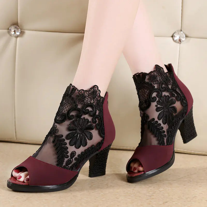 New Spring Autumn Lace Peep Toe Women's Heels