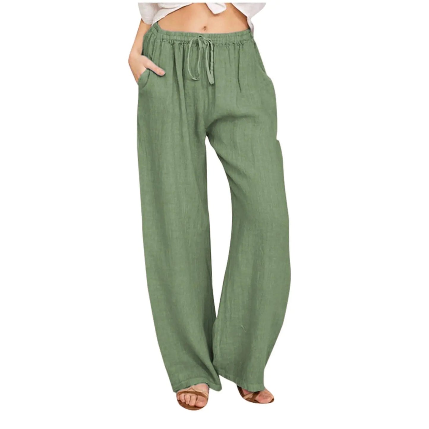 Linen Summer Solid Drawstring Pants. High Waist Palazzo Pants, Loose Comfy Wide Leg Yoga Pants with Pockets, Cozy Cotton Pants for Women
