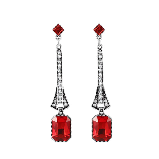 1920s Red Gatsby Earrings. Vintage Long Dangle Flapper Retro Rhinestone Earrings for Women, Prom Wedding Halloween Party Costume Decoration