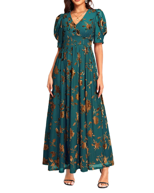 Burnout Teal Green Floral Velvet Maxi Dress. Formal Long Holiday Elegant Autumn Party Dresses