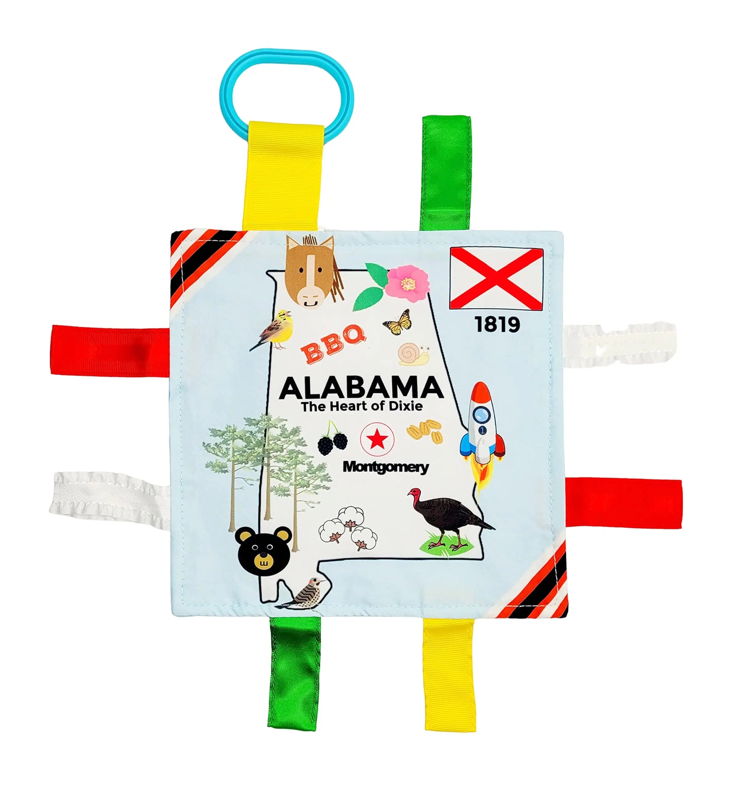 Learning Lovey Tag Baby Toys - Soft & Safe Baby Crinkle Toys. Learn USA State Facts - Ideal Baby Toy BPA Free w/Stroller Clip (Alabama)
