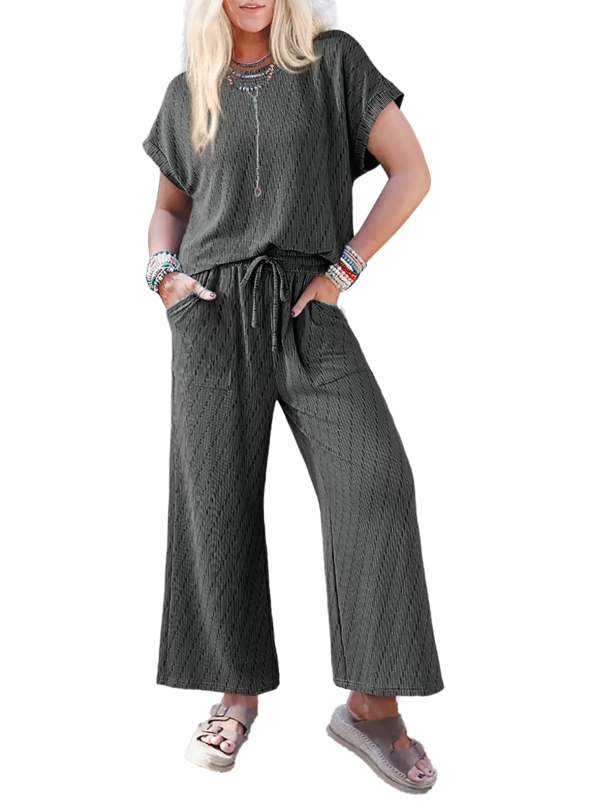 2 Piece Lounge Outfits for Women. Trendy Tracksuit Sweatsuit Outwear, Short Sleeve Crew Neck Top & Casual High Waisted Wide Leg Pants with Pockets.