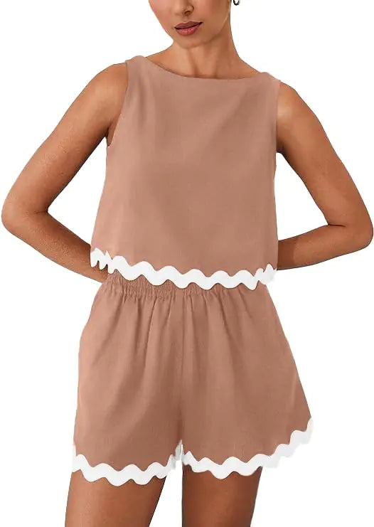 Womens Summer Casual 2 Piece Outfits. Crewneck Tank Crop Top & Pocketed Shorts Lounge Pajama Sets