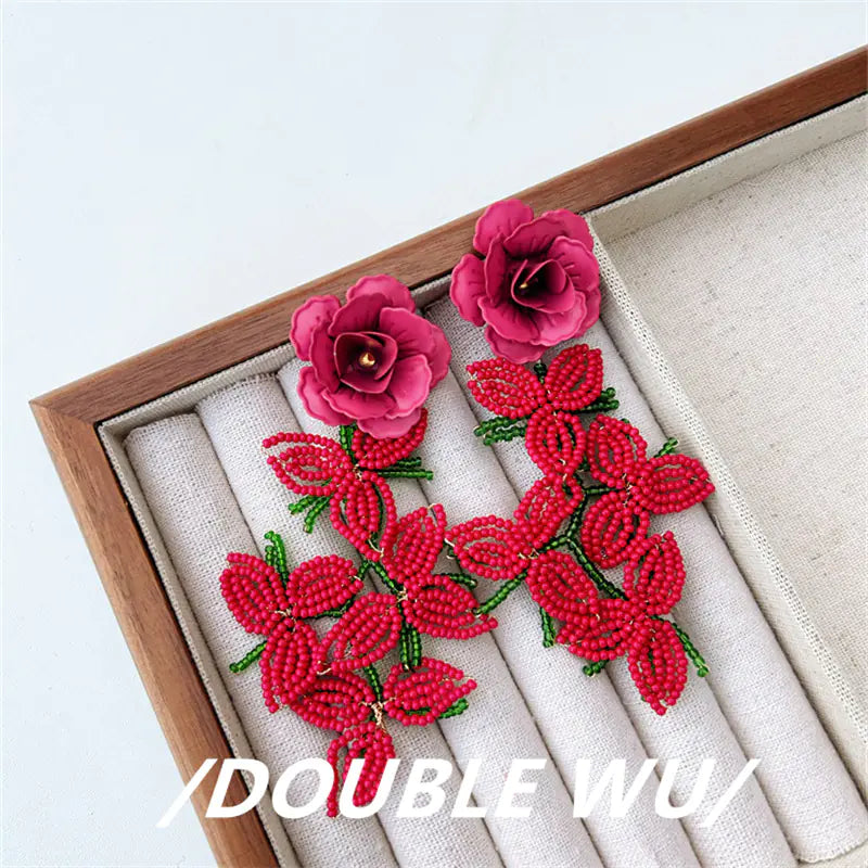 Handmade Beaded Flower Tassel Earrings for Women