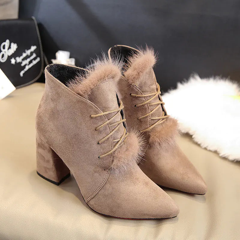 Women's Suede Low-Cut Pointed Toe Block Heels