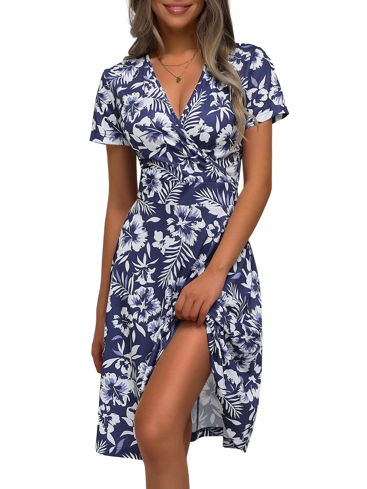 Beach Dresses for Women. Vacation V Neck Wrap Short Sleeve Casual Summer Dresses (Floral-103Medium)