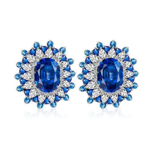 925 Sterling Silver Stud Earrings. Sapphire Flower Cubic Zirconia Earrings. Hypoallergenic Jewelry. Christmas Valentines Day Surprise for Wife Mother Girlfriend