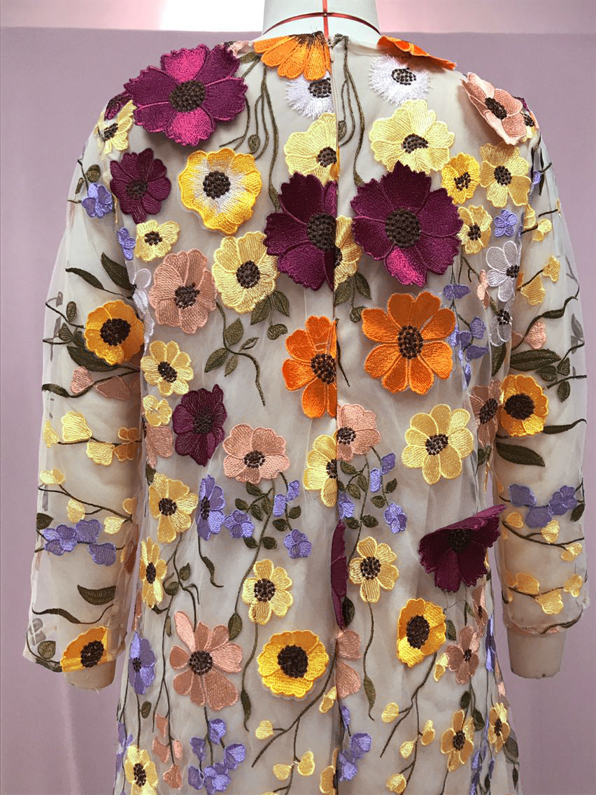 Embroidered Floral Long Sleeve Bodycon Dress (One Piece)