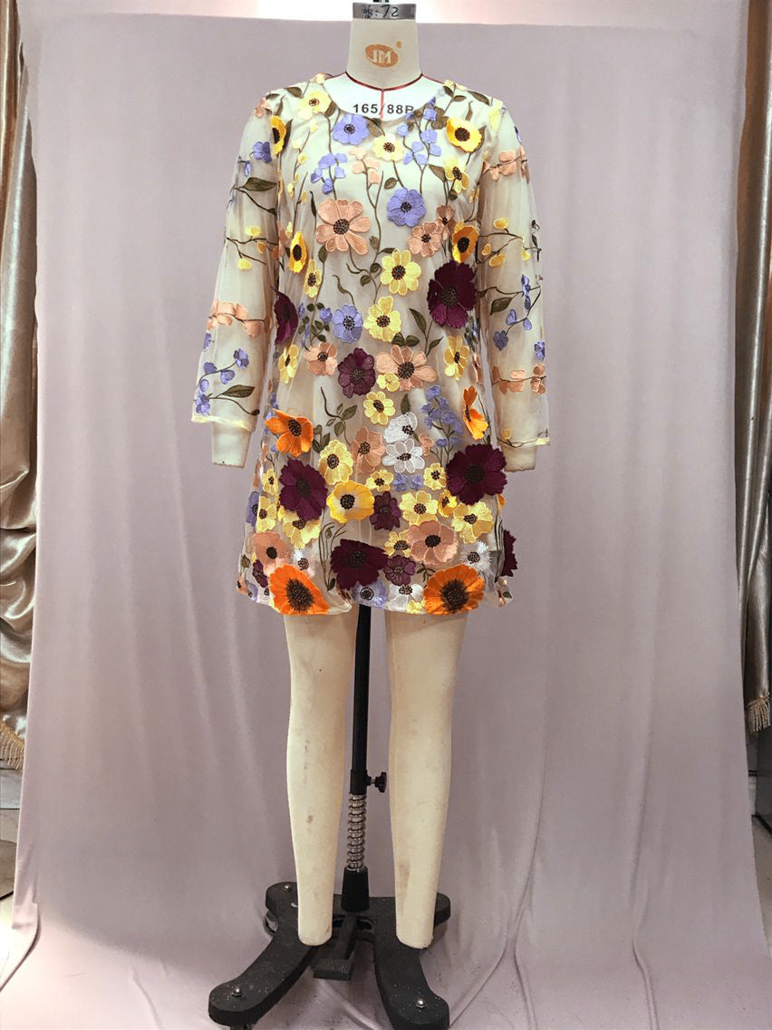 Embroidered Floral Long Sleeve Bodycon Dress (One Piece)