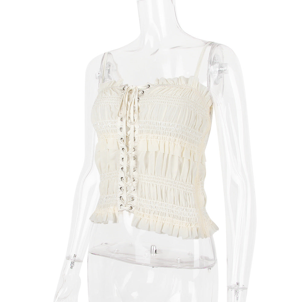 Summer blousesWomen's Crop Top with Ruffled Hem and Spaghetti Straps