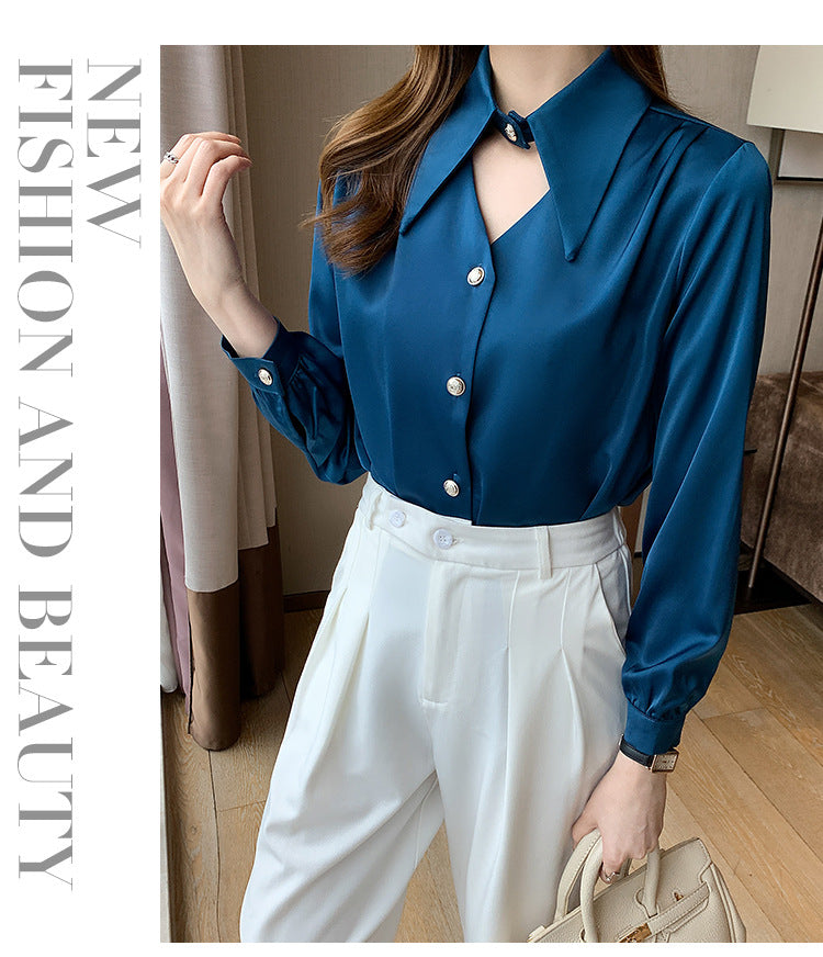 V-Neck Satin Blouse with Unique Design for Women
