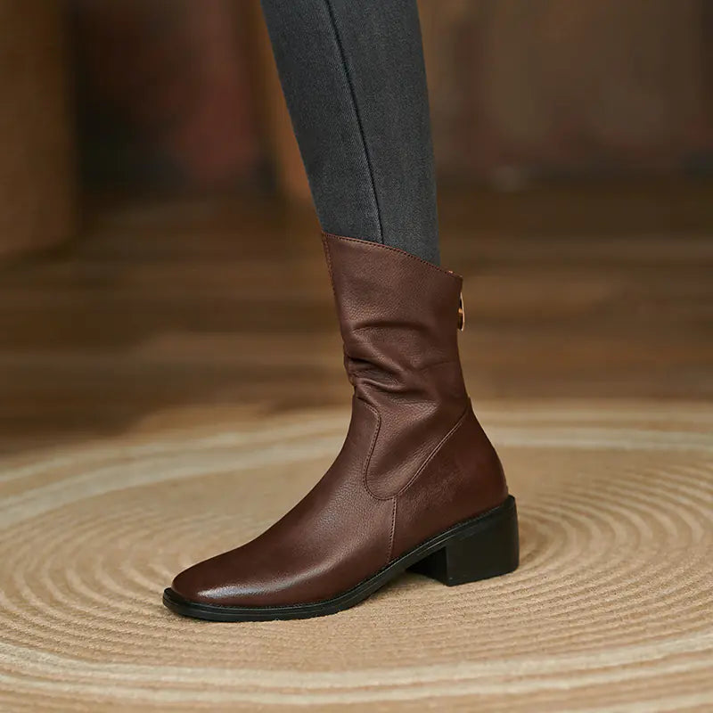 Vintage Leather Ankle Boots with Chunky Heels