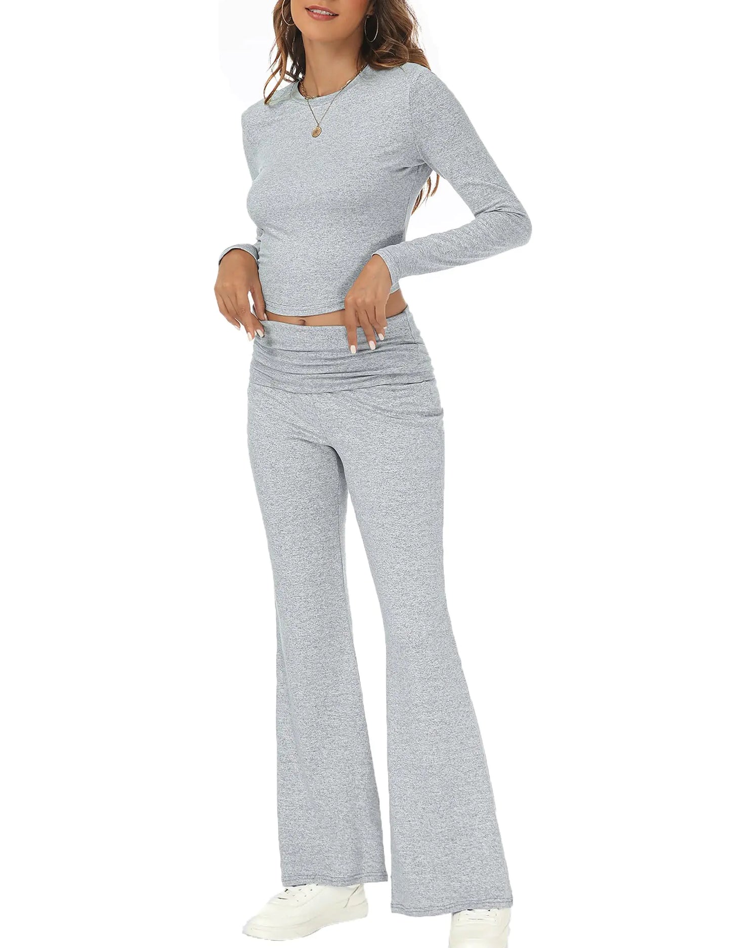 Women 2 Piece Outfit Sets. Long Sleeve Top and Flare Pants Basics Women Outfits, Low Rise Sweatpants Travel Clothes