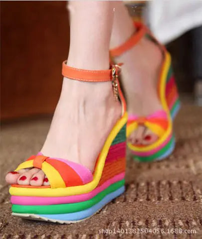 Summer Wedge Heels with Rainbow Design for Women