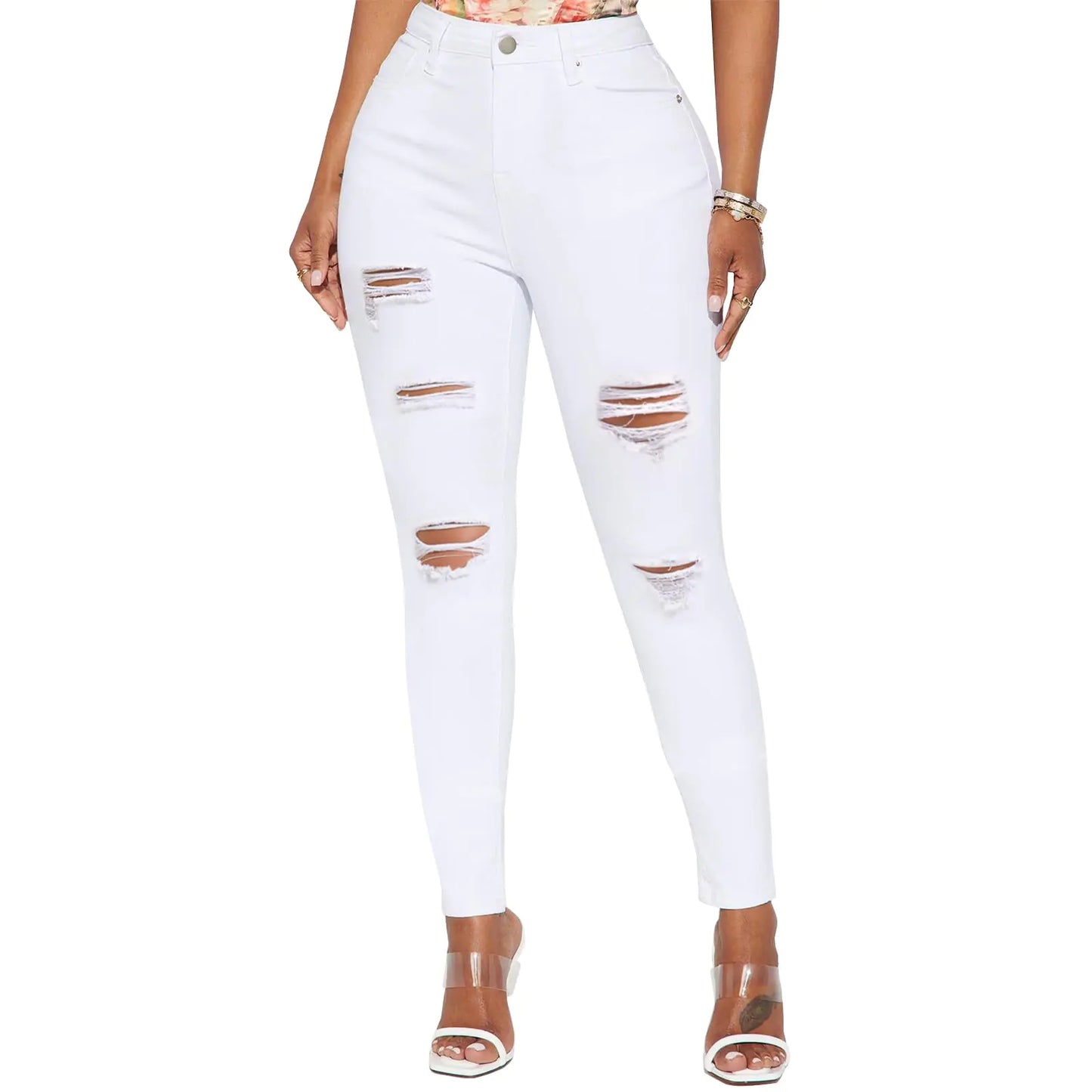 High Waisted Ripped Skinny Jeans for Women. Slim Fit Stretchy Distressed Y2K Destroyed Ankle Denim Pants