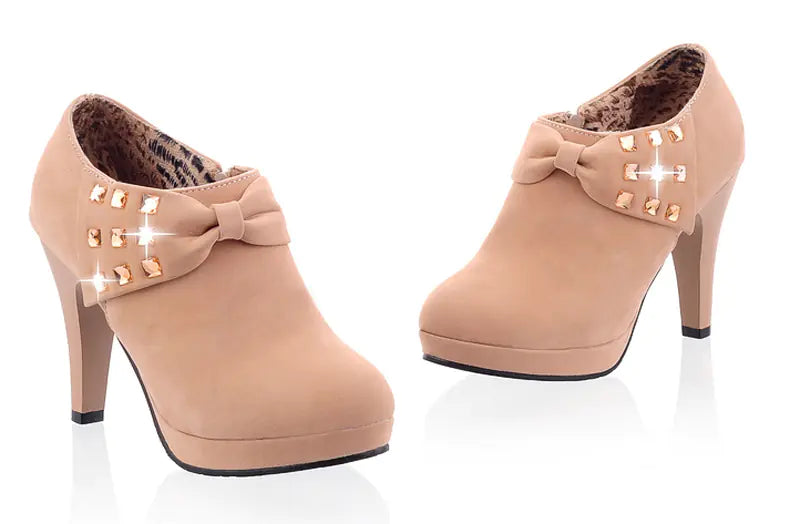 Rhinestone Bow High Heels & Short Boots for Small Sizes