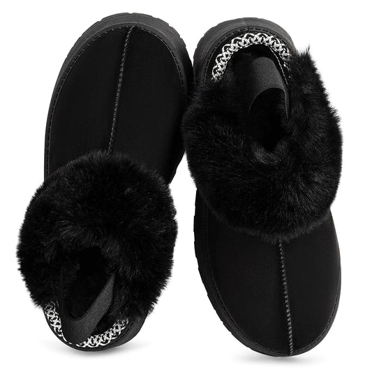 Fuzzy Platform Slippers for Women. Fur Fluffy Slip-On Memory Foam Clogs House Slippers