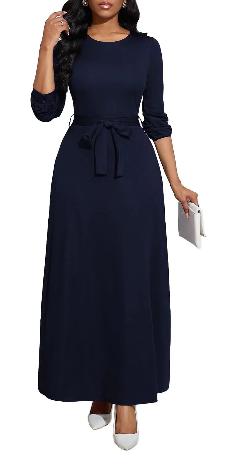 Casual Round Neck Loose Dress. Long Party dresses with Pockets for All Seasons