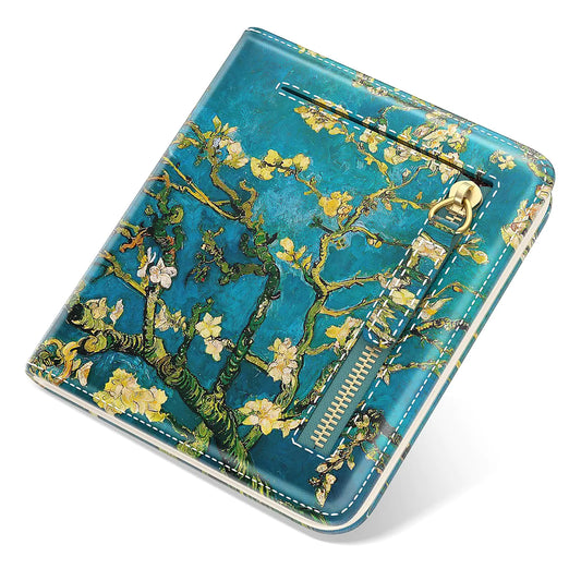 Cute Boho Rfid Blocking Small Wallet. Slim Credit Card Holder Wallet for Women-Thin Leather Billfold Compact Bifold Pocket Mini Purse with ID Window Van Gogh Tree