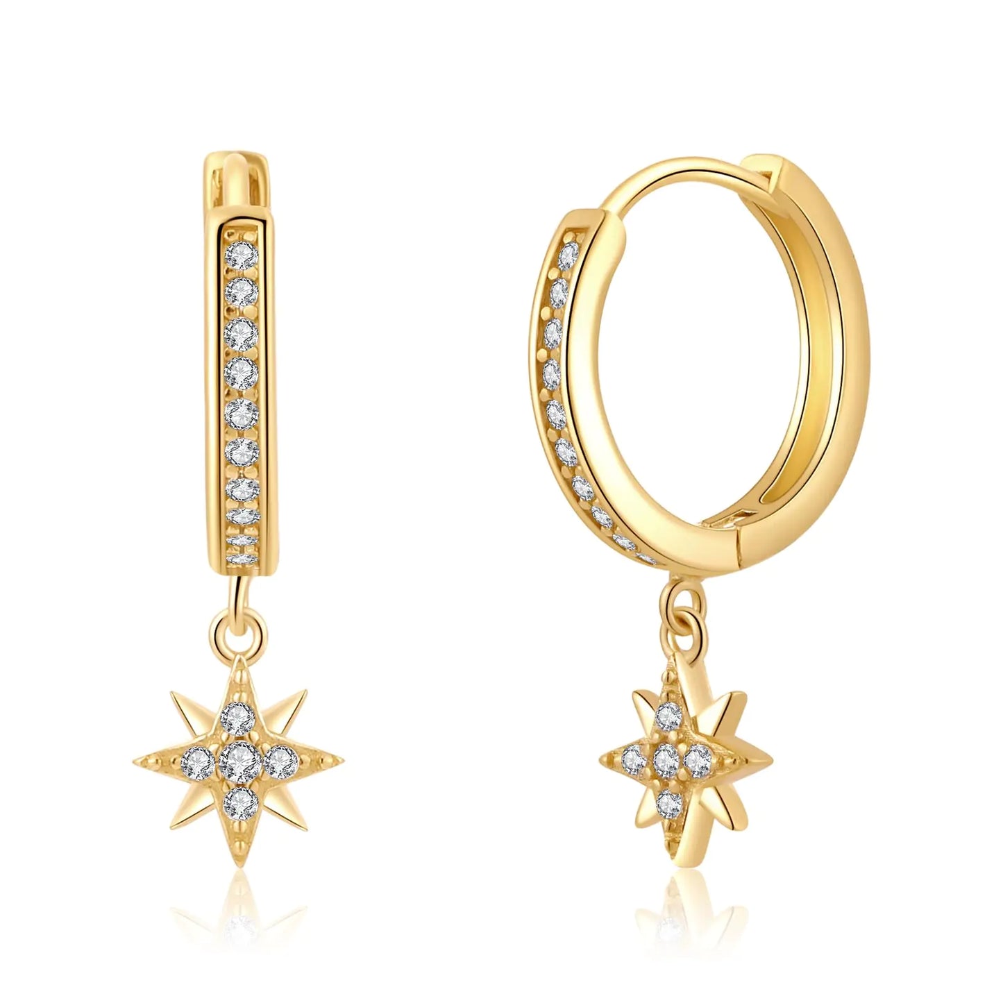 Dangle Star 14k Gold Hoop Earrings . Hypoallergenic Small Gold Hoop Earrings