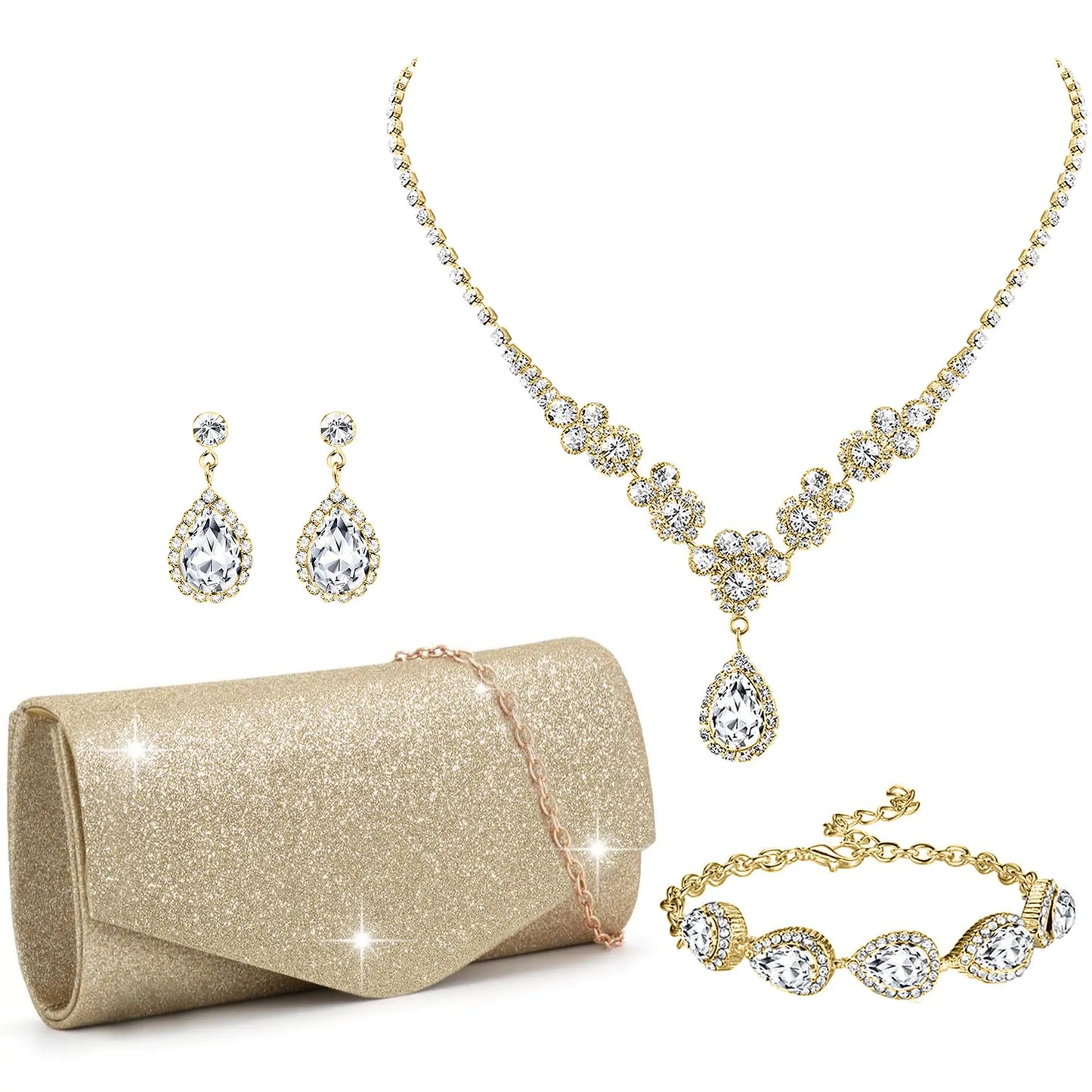 FEYIR Clutch Purse , Silver Gold Rhinestone Crystal Necklace, Earrings and Bracelet Set. Formal Bridal Prom Accessories Jewelry