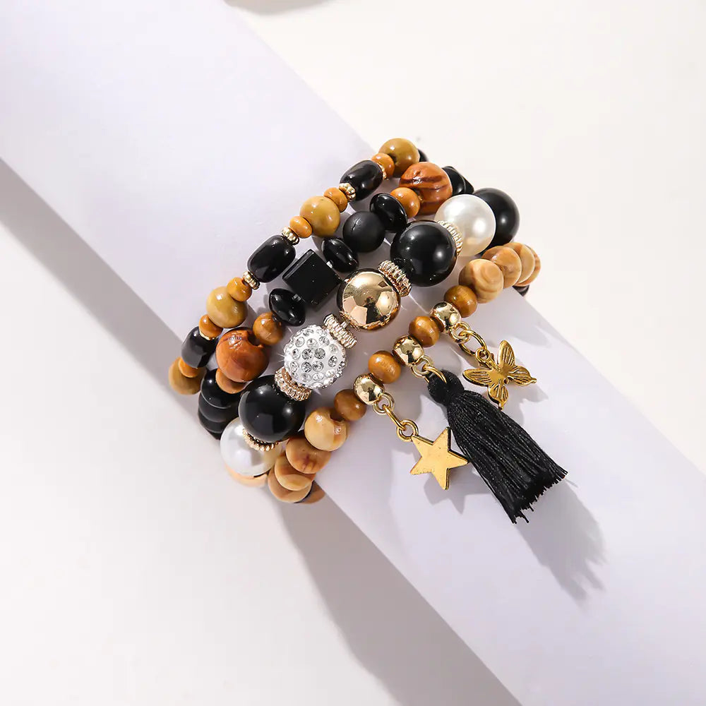 Ethnic Wooden Bead Tassel Bracelet Set
