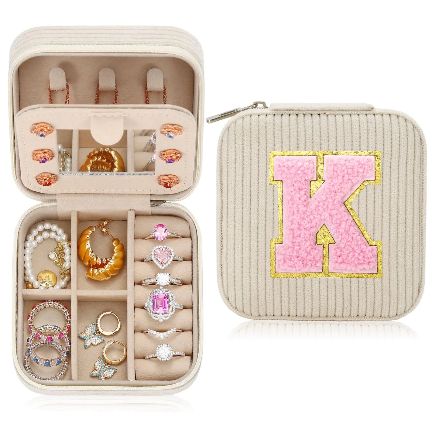 Travel Jewelry Case | Birthday Gifts for Women. Travel Jewelry Box, Travel Essentials. Letter K Beige