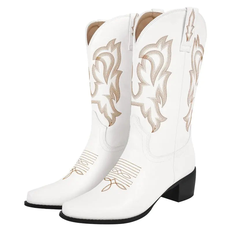 Western Cowboy Cowgirl Boots with Block Heels. Pull On Embroidered Wide Calf Boots