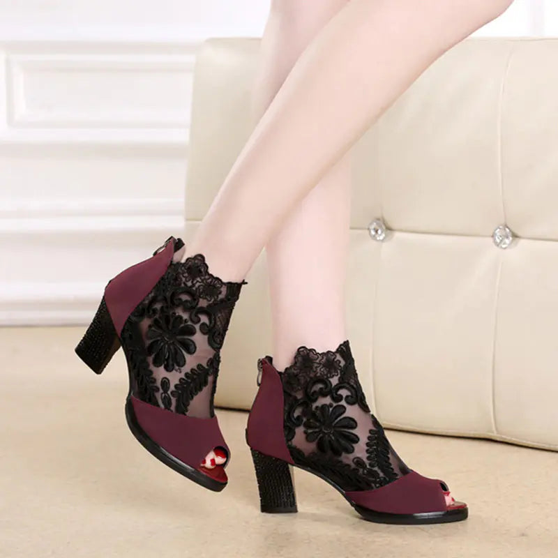 New Spring Autumn Lace Peep Toe Women's Heels