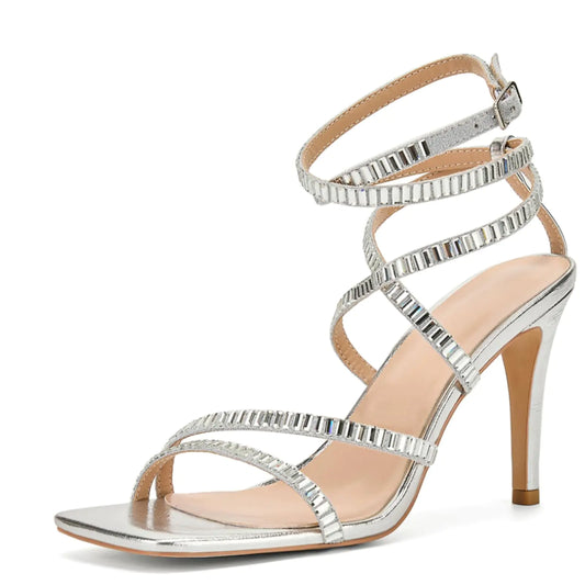 Lace Up High Heels. Open Toe Strappy Kitten Rhinestone Sandals for women, Square Buckle Prom Party Wedding shoes