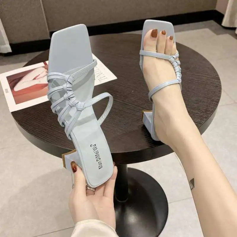 Woven Half Slippers with Thick Square Heels